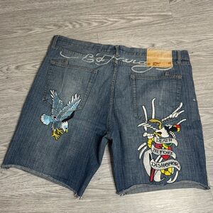Ed Hardy By Christian Audigier Denim Shorts Mens Size 44 Y2K Baggy Skull